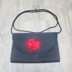Black Satin clutch with red rose detail